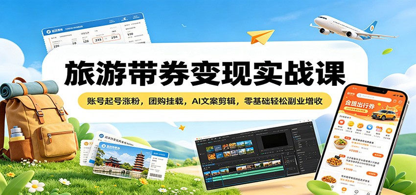 旅游带券变现实战课：账号起号涨粉，团购挂载，AI文案剪辑，零基础轻松副业增收-MFXUI中国站