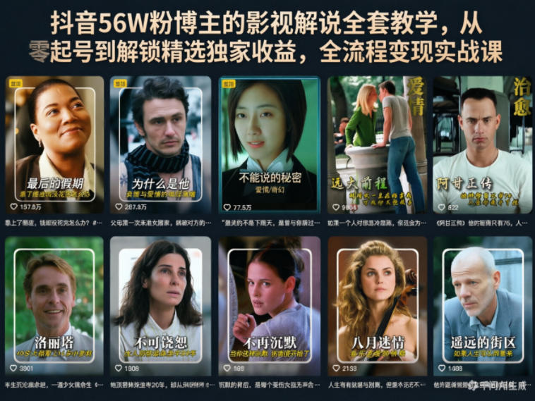 抖音56W粉博主的影视解说全套教学，从零起号到解锁精选独家收益，全流程变现实战课-MFXUI中国站
