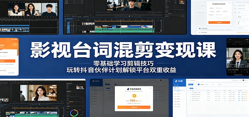 影视台词混剪变现课:零基础学习剪辑技巧,玩转抖音伙伴计划解锁平台双重收益-MFXUI中国站