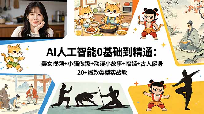 AI人工智能0基础到精通：美女视频+小猫做饭+动漫小故事+福娃+古人健身，20+爆款类型实战教学-MFXUI中国站