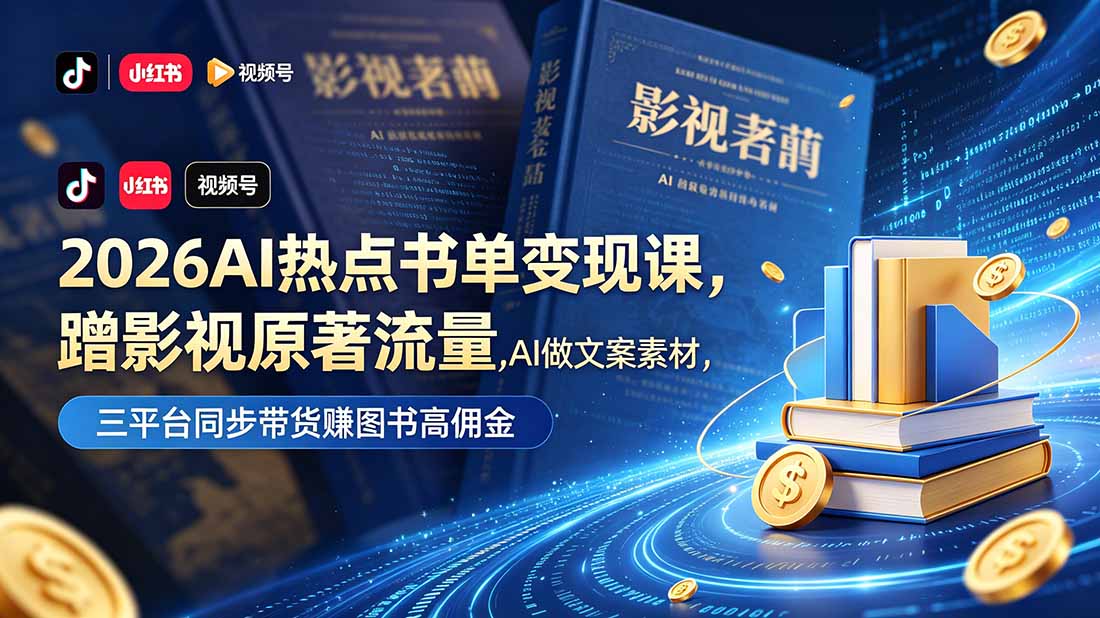 2026AI热点书单变现课,蹭影视原著流量,AI做文案素材,三平台同步带货赚图书高佣金-MFXUI中国站