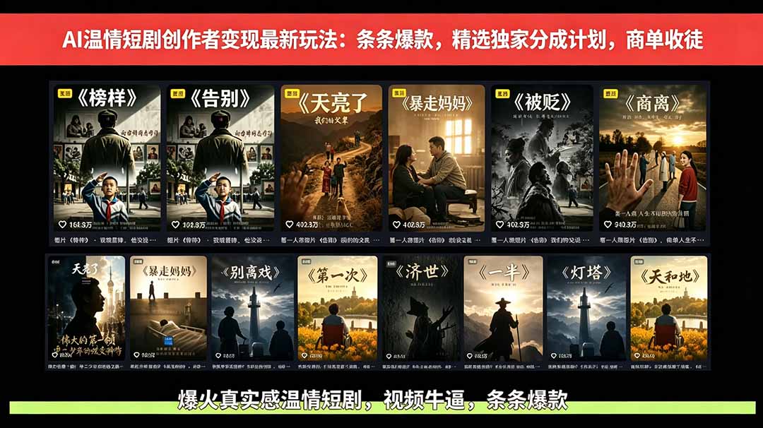 AI温情短剧创作者变现最新玩法:视频牛逼,条条爆款,精选独家分成计划,商单收徒-MFXUI中国站