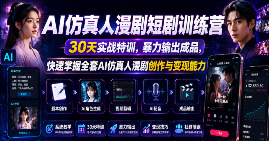 AI仿真人漫剧短剧训练营,30天实战特训,暴力输出成品,快速掌握全套AI仿真人漫剧创作与变现能力-MFXUI中国站