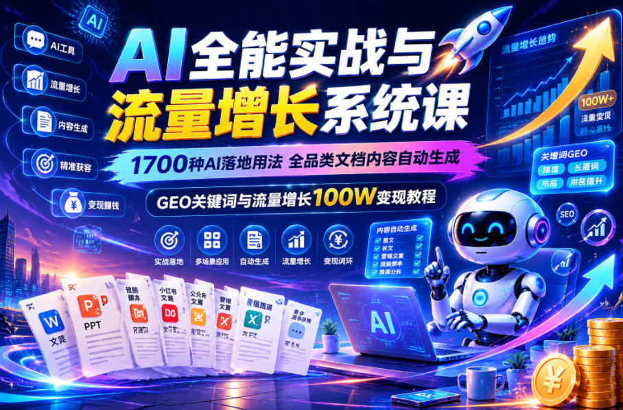 AI全能实战与流量增长系统课，1700种AI落地用法，全品类文档内容自动生成，GEO关键词与流量增长100W变现教程-MFXUI中国站
