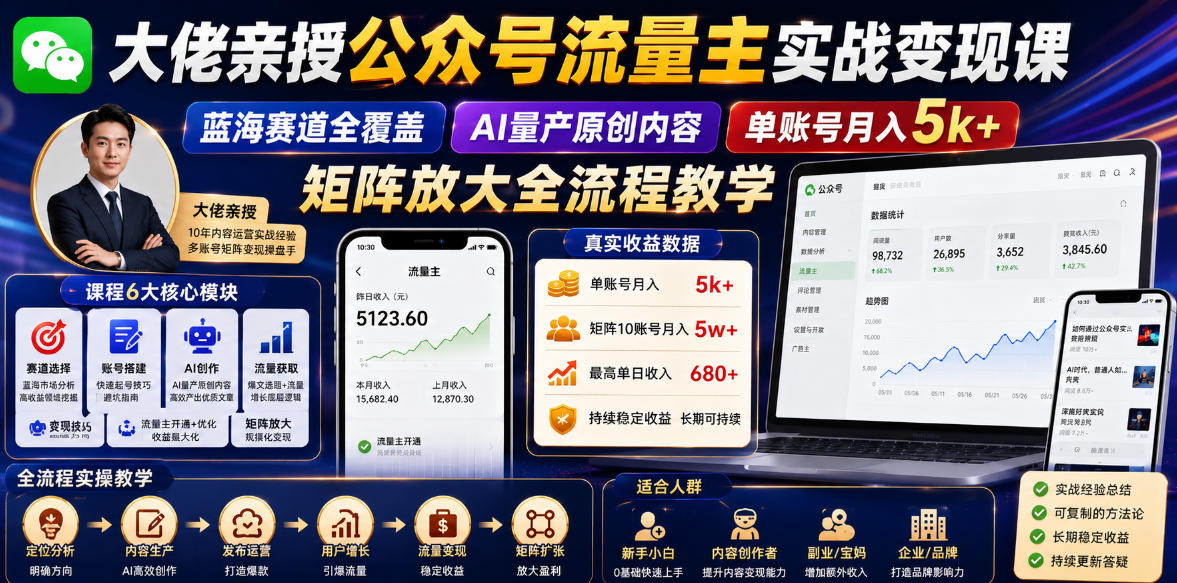 大佬亲授公众号流量主实战变现课，蓝海赛道全覆盖，AI量产原创内容，单账号月入5k+矩阵放大全流程教学-MFXUI中国站
