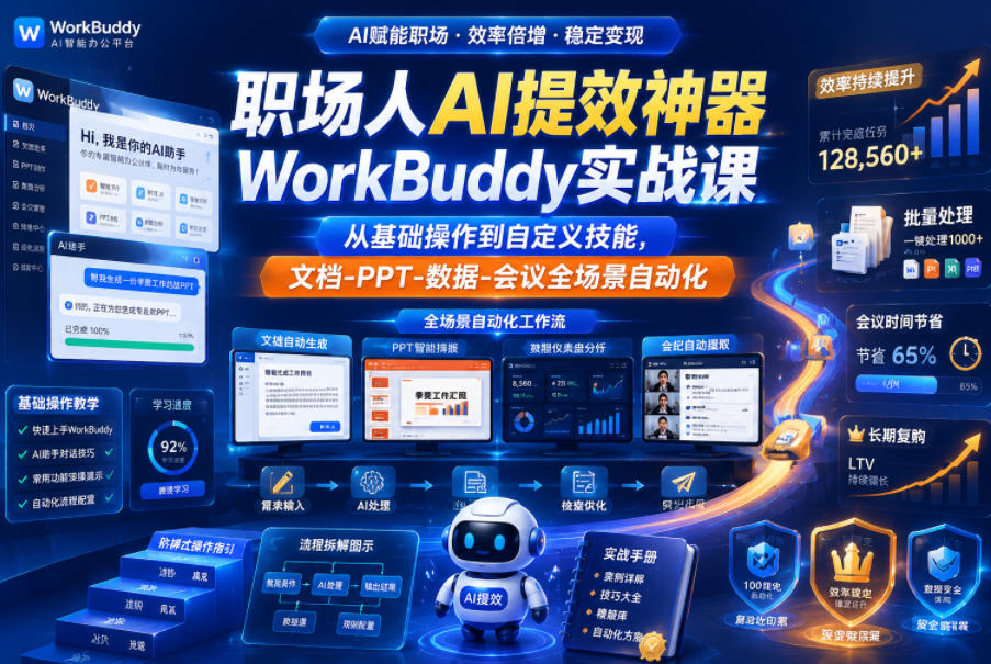 职场人AI提效神器WorkBuddy实战课，从基础操作到自定义技能，文档-PPT-数据-会议全场景自动化-MFXUI中国站