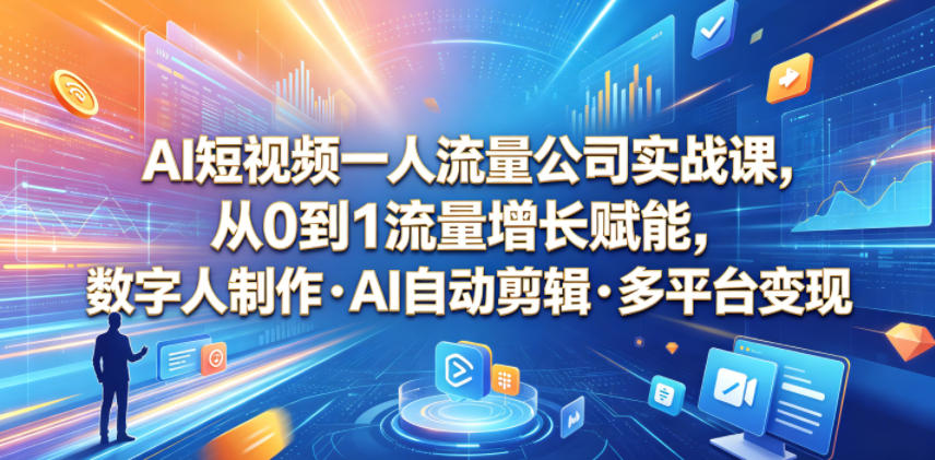 AI短视频一人流量公司实战课，从0到1流量增长赋能，数字人制作・AI自动剪辑・多平台变现，一人做流量生意全落地教程-MFXUI中国站