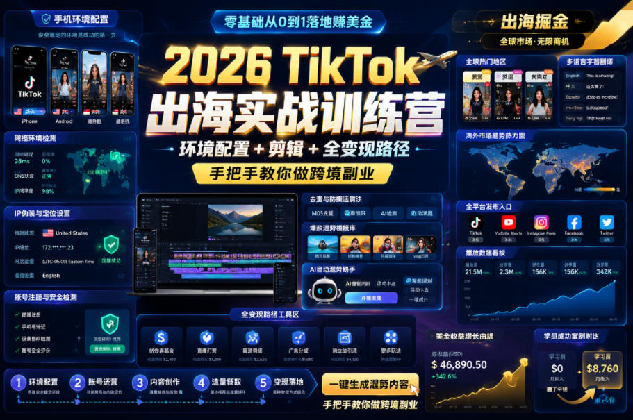 2026 TikTok出海实战训练营，环境配置 + 剪辑 + 全变现路径，手把手教你做跨境副业-MFXUI中国站