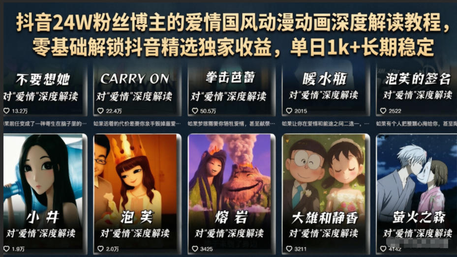 抖音24W粉丝博主的爱情国风动漫动画深度解读教程，零基础解锁抖音精选独家收益，单日1k+长期稳定-MFXUI中国站