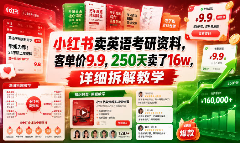 小红书卖英语考研资料，客单价9.9，250天卖了16w，详细拆解教学-MFXUI中国站