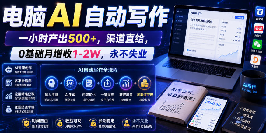 电脑AI自动写作，一小时产出500+，渠道直给，0基础月增收1-2W，永不失业【揭秘】-MFXUI中国站