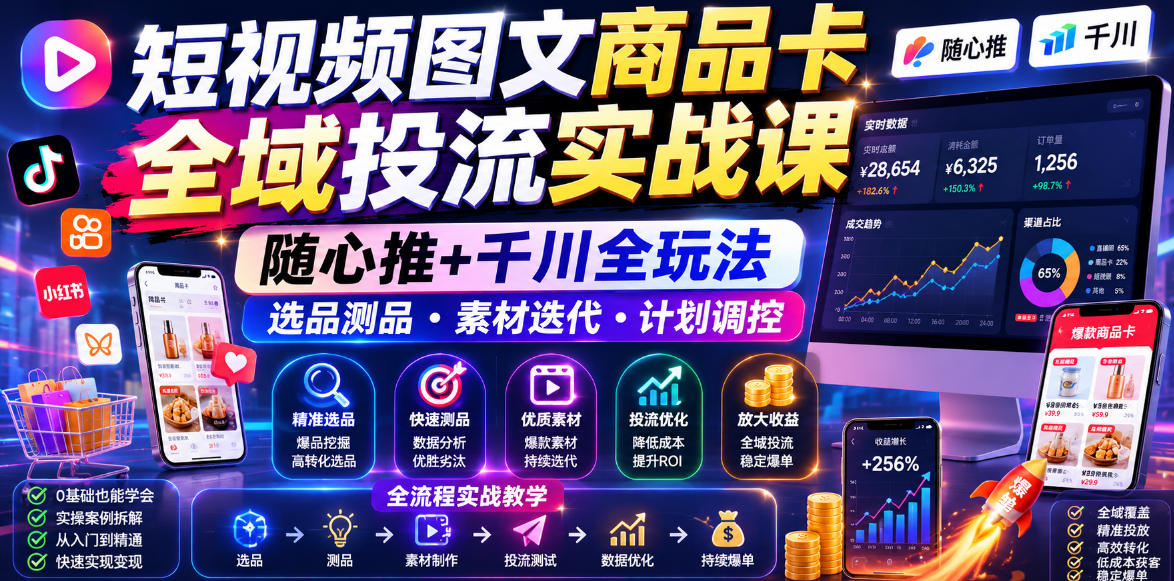 短视频图文商品卡全域投流实战课，随心推+千川全玩法，选品测品・素材迭代・计划调控，提升ROI爆单增收教程-MFXUI中国站