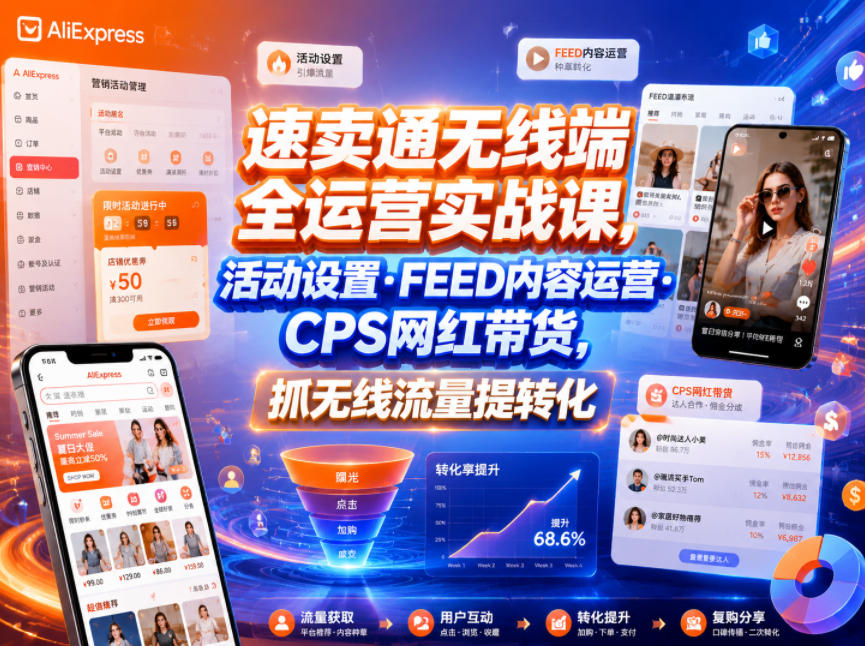 速卖通无线端全运营实战课，活动设置・FEED内容运营・CPS网红带货，抓无线流量提转化-MFXUI中国站