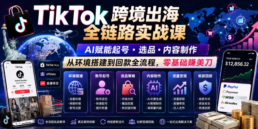 TikTok跨境出海全链路实战课，AI赋能起号・选品・内容制作，从环境搭建到回款全流程，零基础賺美刀-MFXUI中国站