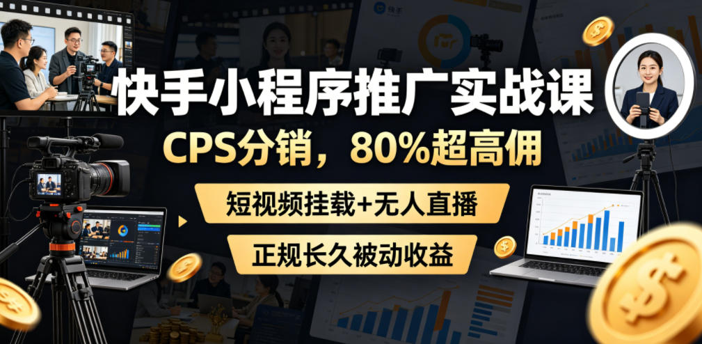 快手小程序推广实战课，CPS分销，80%超高佣，短视频挂载+无人直播，正规长久被动收益-MFXUI中国站