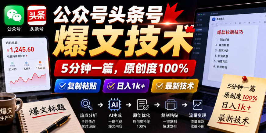 公众号头条号爆文技术，5分钟一篇，原创度100%，复制粘贴，日入1k+，最新技术【揭秘】-MFXUI中国站