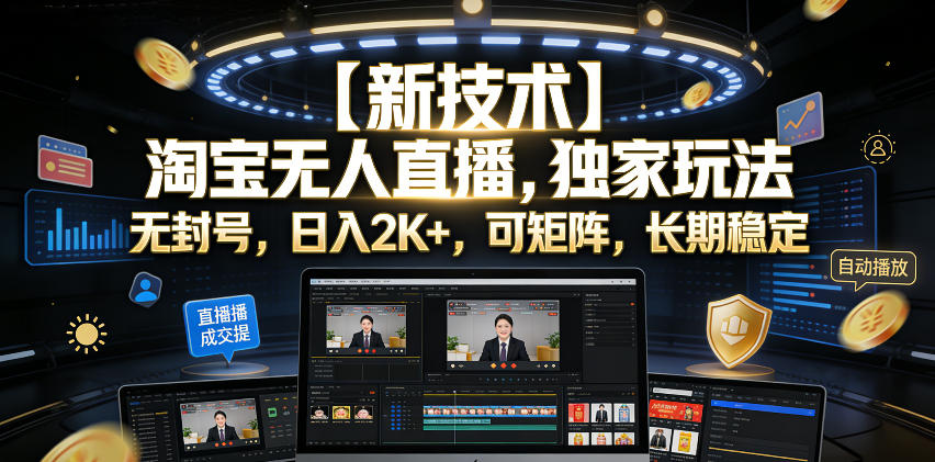【新技术】淘宝无人直播，独家玩法，无封号，日入2K+，可矩阵，长期稳定【揭秘】-MFXUI中国站