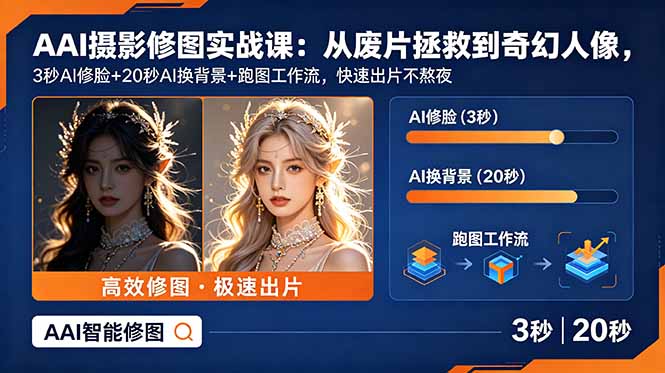 AI摄影修图实战课:从废片拯救 到 奇幻人像,3秒AI修脸+20秒AI换背景+跑图工作流,快速出片不熬夜-MFXUI中国站