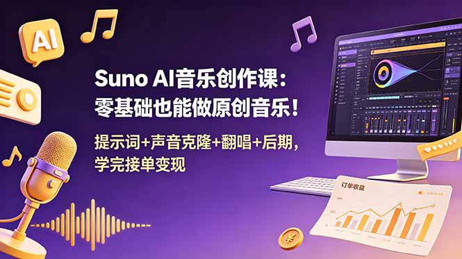 Suno AI音乐创作课：零基础也能做原创音乐！提示词+声音克隆+翻唱+后期，学完接单变现-MFXUI中国站
