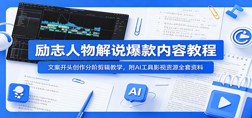 励志人物解说爆款内容教程：文案开头创作分阶剪辑教学，附AI 工具影视资源全套资料-MFXUI中国站