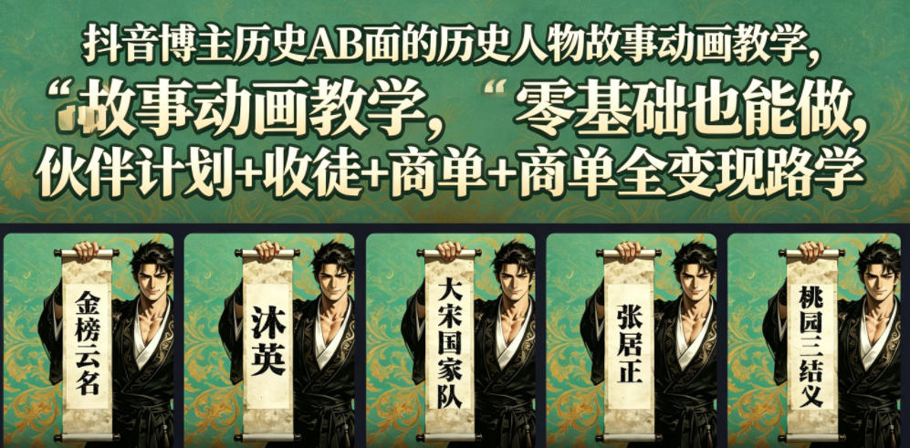 抖音博主历史AB面的历史人物故事动画教学，零基础也能做，伙伴计划+收徒+商单全变现路径教学-MFXUI中国站