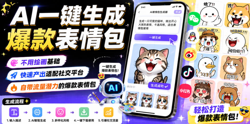 AI一键生成爆款表情包，不用绘画基础，快速产出适配社交平台，自带流量潜力的爆款表情包-MFXUI中国站
