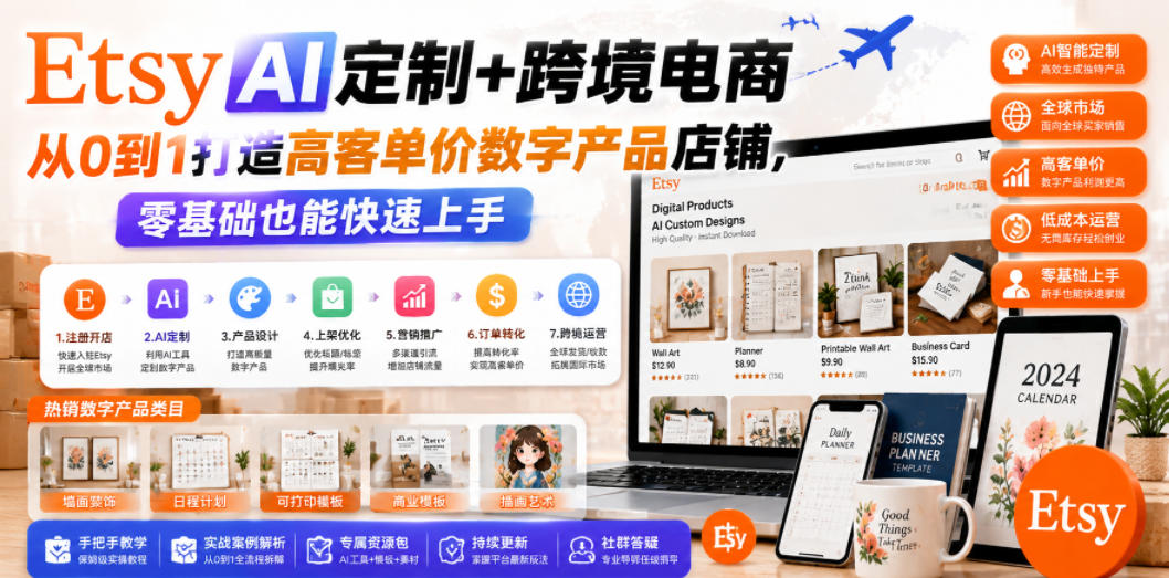 Etsy AI定制+跨境电商，从0到1打造高客单价数字产品店铺，零基础也能快速上手-MFXUI中国站