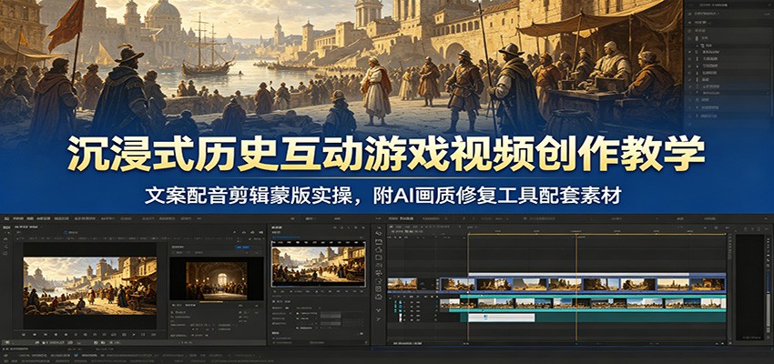 沉浸式历史互动游戏视频创作教学：文案配音剪辑蒙版实操，附AI画质修复工具配套素材-MFXUI中国站