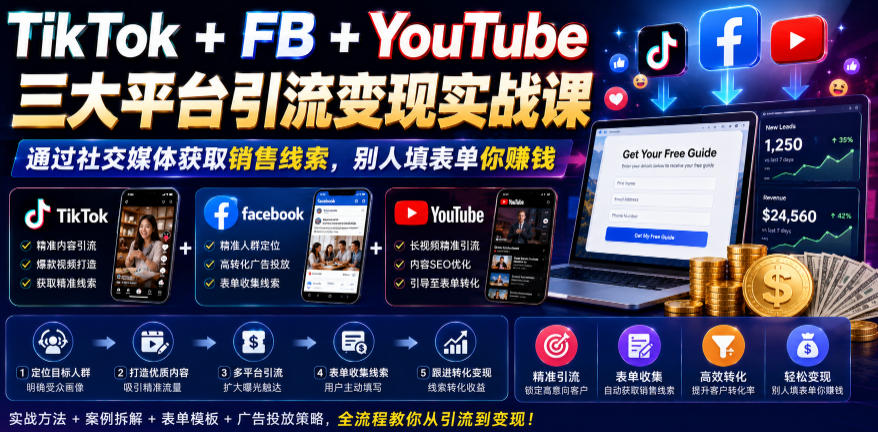 TikTok+FB+YouTube三大平台引流变现实战课，通过社交媒体获取销售线索，别人填表单你賺钱【原创双语字幕】-MFXUI中国站