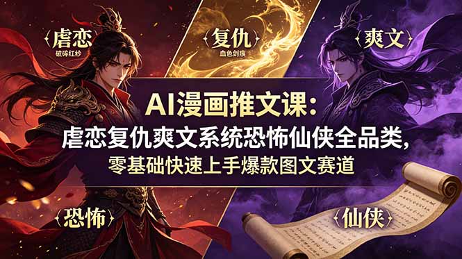 AI漫画推文课：虐恋复仇爽文系统恐怖仙侠全品类，零基础快速上手爆款图文赛道-MFXUI中国站