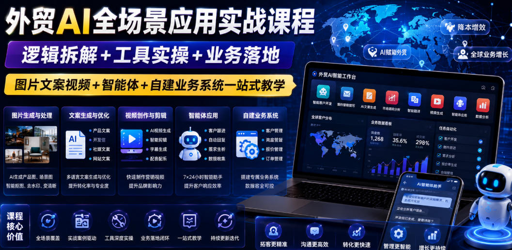 外贸AI全场景应用实战课程｜逻辑拆解+工具实操+业务落地，图片文案视频+智能体+自建业务系统一站式教学-MFXUI中国站