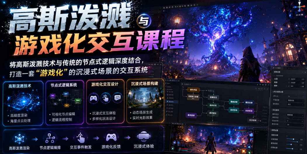 高斯泼溅与游戏化交互课程，将高斯泼溅技术与传统的节点式逻辑深度结合，打造一套“游戏化”的沉浸式场景的交互系统-MFXUI中国站