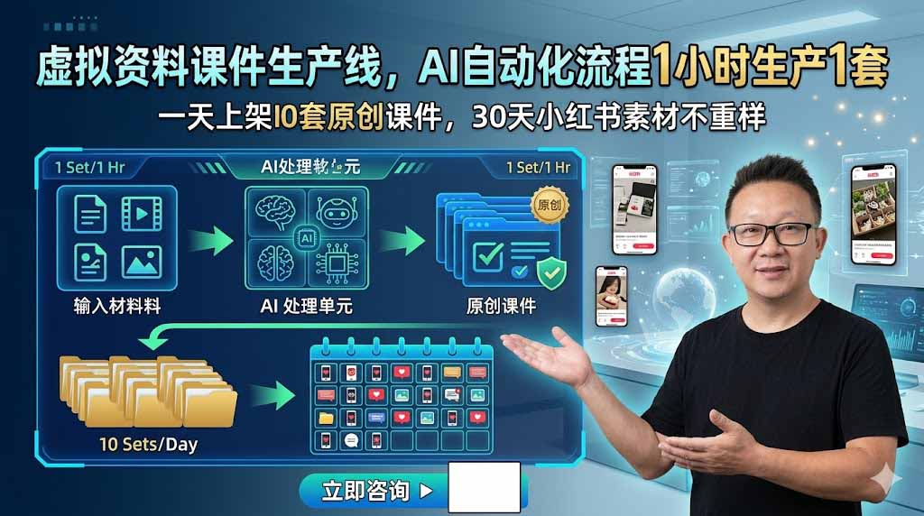 虚拟资料课件生产线，AI自动化流程1小时生产1套，一天上架10套原创课件，30天小红书素材不重样-MFXUI中国站