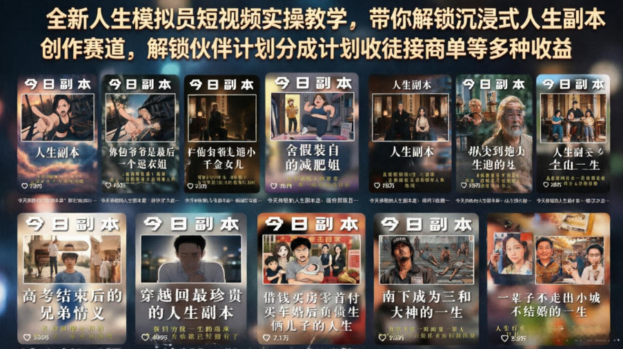 全新人生模拟员短视频实操教学，带你解锁沉浸式人生副本创作赛道，解锁伙伴计划分成计划收徒接商单等多种收益-MFXUI中国站