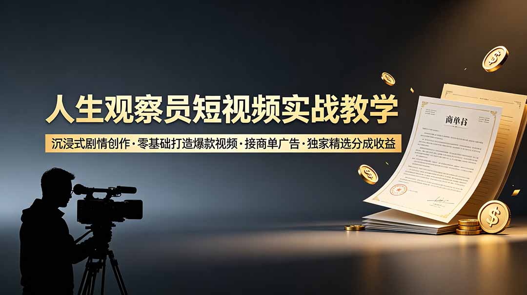 人生观察员短视频实战教学，沉浸式剧情创作，零基础打造爆款视频，接商单广告，独家精选分成收益-MFXUI中国站