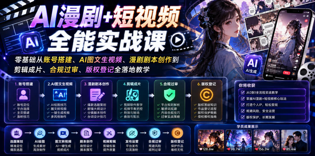 AI漫剧+短视频全能实战课｜零基础从账号搭建、AI图文生视频、漫剧剧本创作到剪辑成片、合规过审、版权登记全落地教学-MFXUI中国站