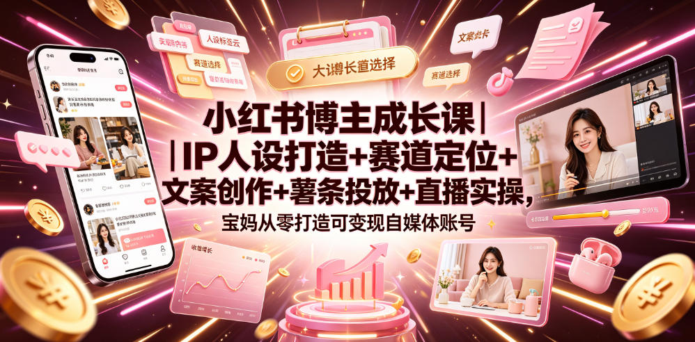 小红书博主成长课｜IP人设打造+赛道定位+文案创作+薯条投放+直播实操，宝妈从零打造可变现自媒体账号-MFXUI中国站