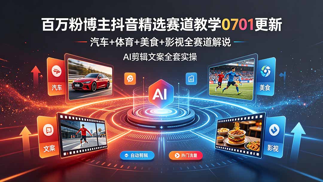 百万粉博主抖音精选赛道教学-0701更新，汽车+体育+美食+影视全赛道解说，AI剪辑文案全套实操-MFXUI中国站