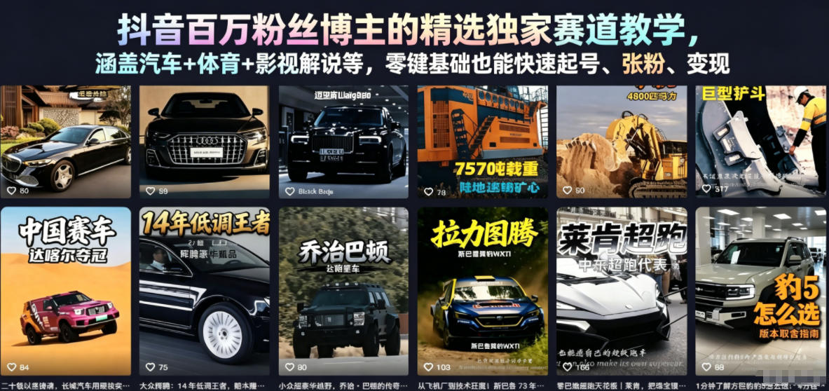 抖音百万粉丝博主的精选独家赛道教学，涵盖汽车+体育+影视解说等，零基础也能快速起号、涨粉、变现(更新0701)-MFXUI中国站