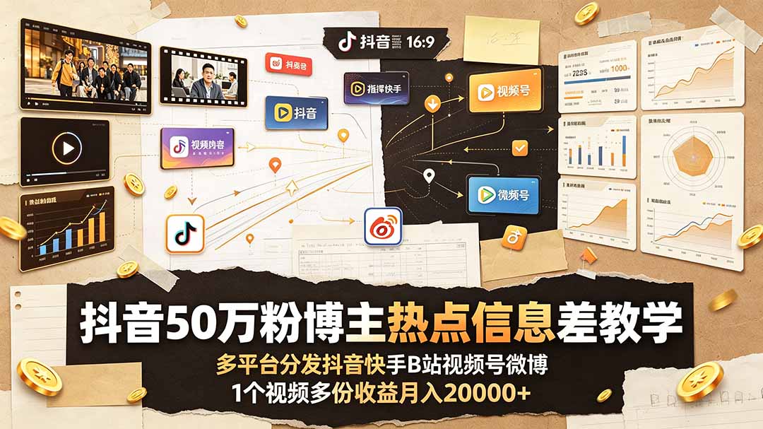 抖音50万粉博主热点信息差教学：多平台分发抖音快手B站视频号微博，1个视频多份收益月入20000+-MFXUI中国站