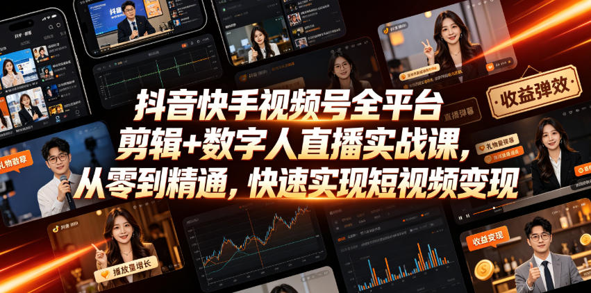 抖音快手视频号全平台剪辑+数字人直播实战课，从零到精通，快速实现短视频变现(更新2026年6月)​-MFXUI中国站