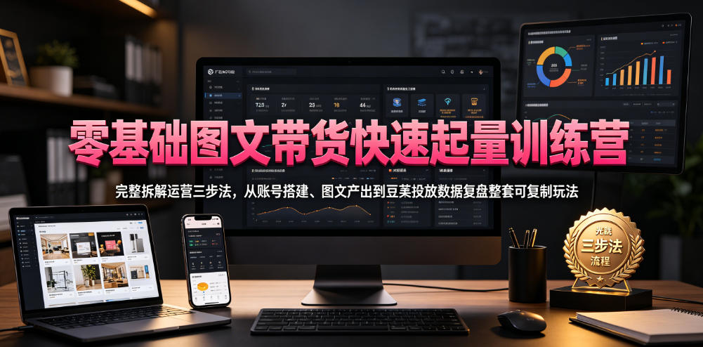 零基础图文带货快速起量训练营，完整拆解运营三步法，从账号搭建、图文产出到豆荚投放数据复盘整套可复制玩法-MFXUI中国站