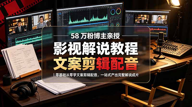 58 万粉博主荧幕春秋亲授影视解说教程｜零基础从零学文案剪辑配音，一站式产出完整解说成片-MFXUI中国站