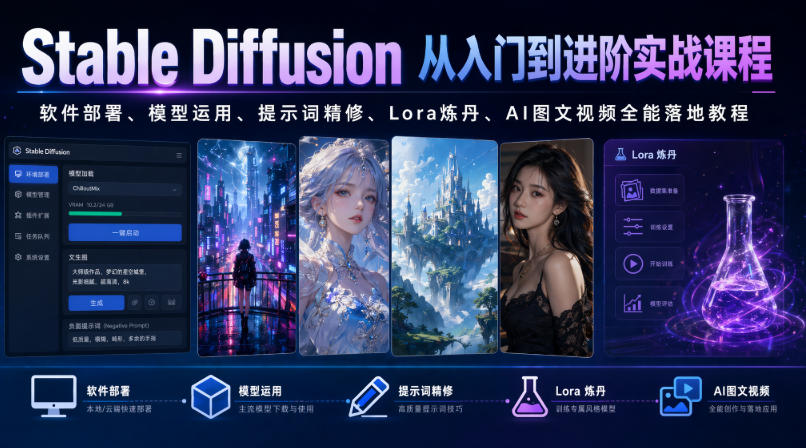 Stable Diffusion从入门到进阶实战课程｜软件部署、模型运用、提示词精修、Lora炼丹、AI图文视频全能落地教程-MFXUI中国站