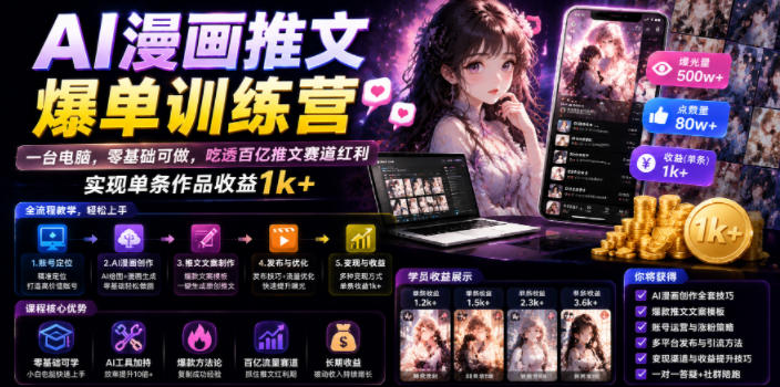 AI漫画推文爆单训练营，一台电脑，零基础可做，吃透百亿推文赛道红利，实现单条作品收益1k+-MFXUI中国站