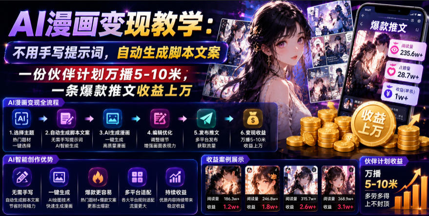 AI漫画变现教学：不用手写提示词，自动生成脚本文案，一份伙伴计划万播5-10米，一条爆款推文收益上W-MFXUI中国站