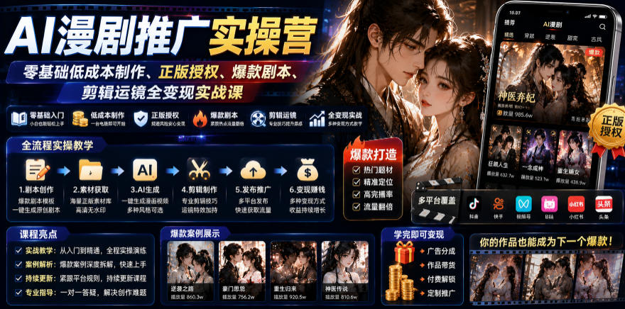AI漫剧推广实操营｜零基础低成本制作、正版授权、爆款剧本、剪辑运镜全变现实战课-MFXUI中国站