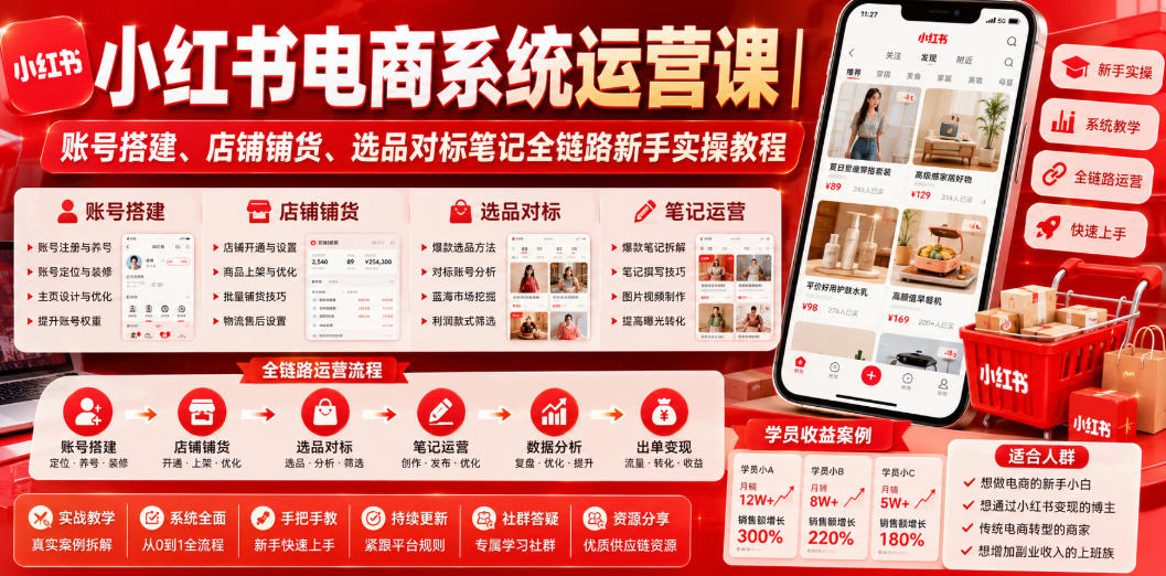 小红书电商系统运营课｜账号搭建、店铺铺货、选品对标笔记全链路新手实操教程-MFXUI中国站