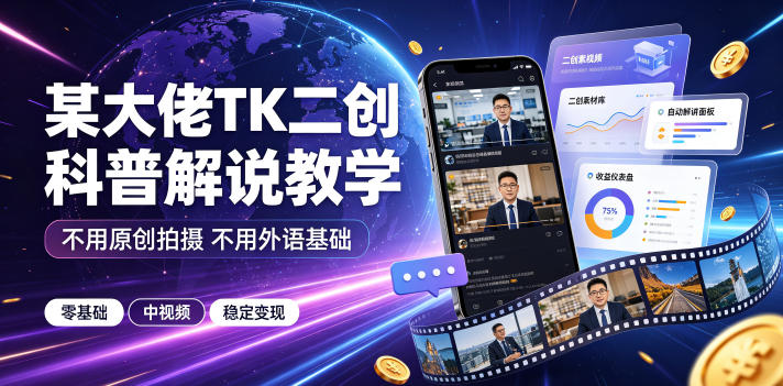 某大佬TK二创科普解说教学,不用原创拍摄不用外语基础,零基础做TikTok中视频稳定变现-MFXUI中国站
