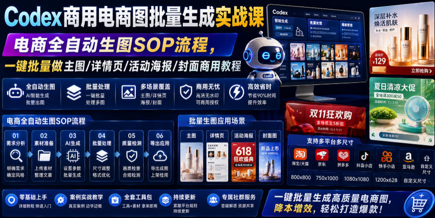 Codex商用电商图批量生成实战课｜电商全自动生图SOP流程，一键批量做主图/详情页/活动海报/封面商用教程-MFXUI中国站